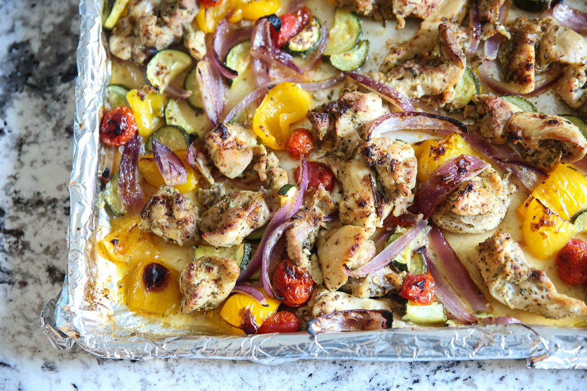 Sheet Pan Greek Chicken cooked on a pan